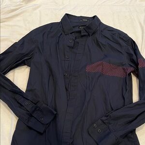 Tavik Navy Button-Up Shirt with Red Polka Dot Accent